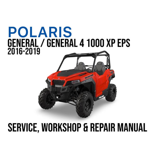 Polaris General/General 4 1000 XP EPS UTV with text about a service, workshop, and repair manual on a white background.