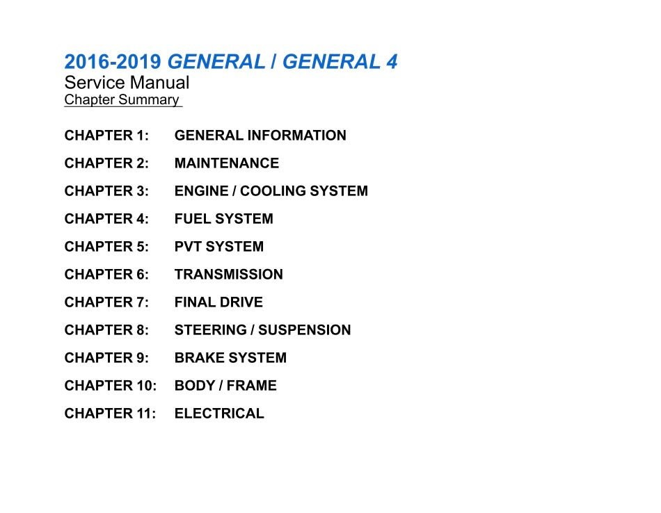 Table of contents for a 2016-2019 General/General 4 Service Manual on a white background.