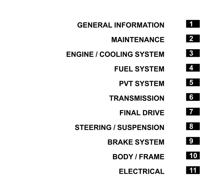 List of vehicle maintenance sections on a white background