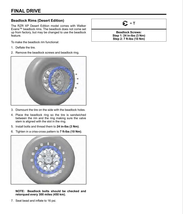Instructions for beadlock rim installation on a vehicle, showing a tire and rim with beadlock system.