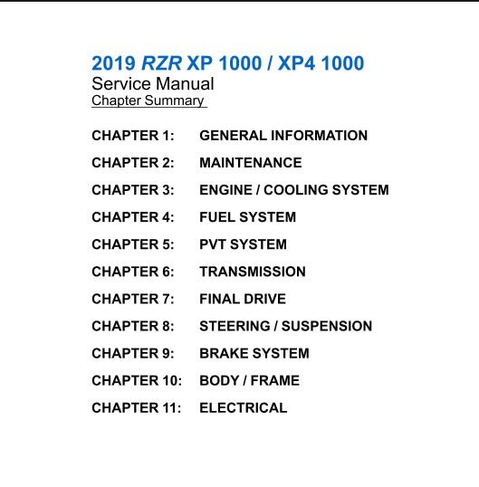 Table of contents for a 2019 RZR XP 1000/XP4 1000 service manual on a white background.