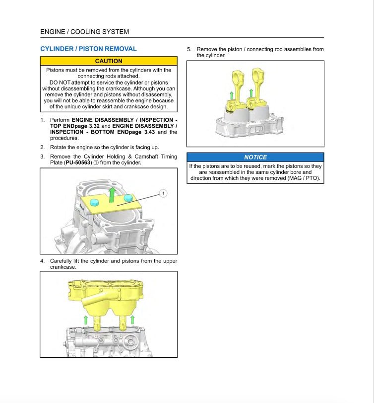 Technical diagram and instructions for engine cooling system cylinder piston removal on a white background.