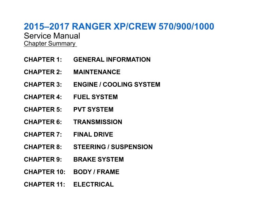 Table of contents for a 2015-2017 Ranger XP/Crew service manual on a white background.