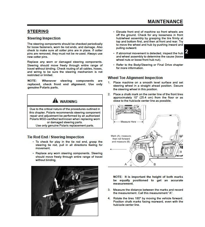 Page from a vehicle maintenance manual detailing steering inspection and wheel toe alignment inspection.