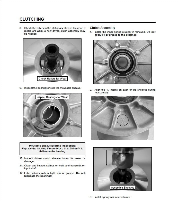 Technical manual page on clutch assembly with step-by-step instructions and diagrams.