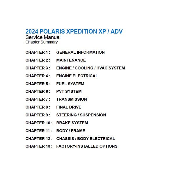 Table of contents for 2024 Polaris Xpedition XP/ADV Service Manual on a white background