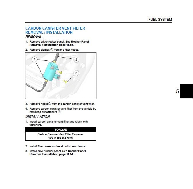 Technical diagram and instructions for carbon canister vent filter removal and installation on a vehicle's fuel system.