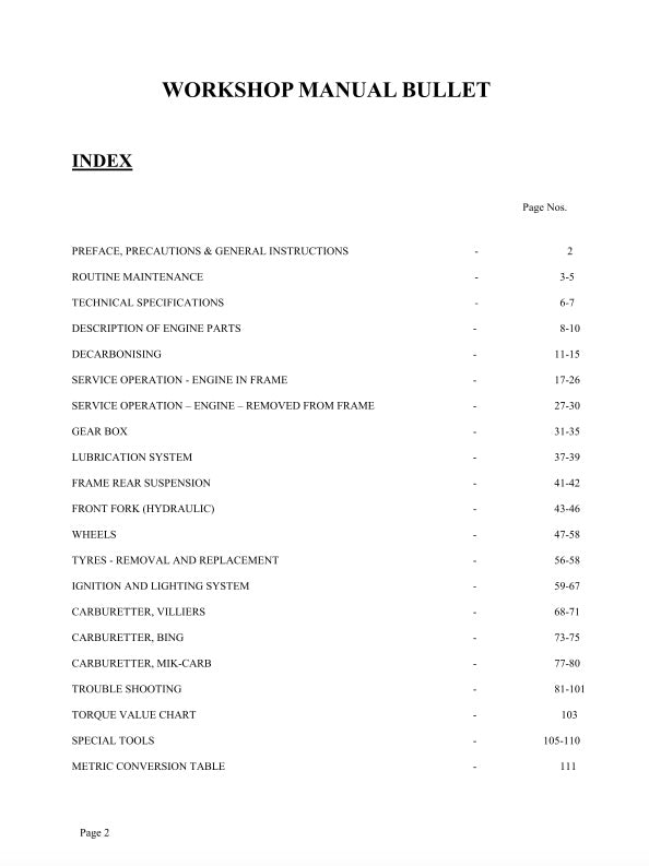 Index page of a workshop manual with chapter headings and page numbers.