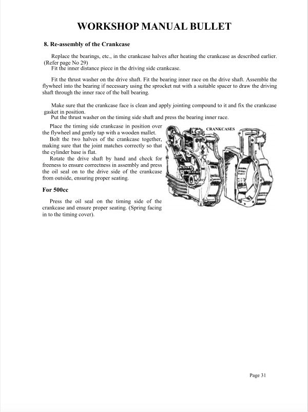Page from a workshop manual with text and an illustration of a crankcase assembly.