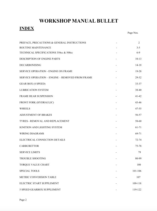 Table of contents for a workshop manual on a white background