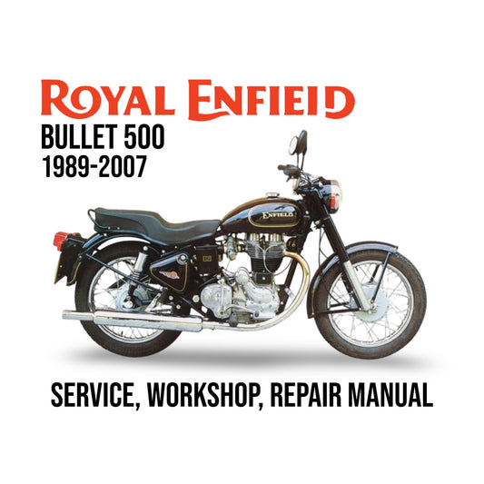 Royal Enfield Bullet 500 motorcycle with text about a service, workshop, and repair manual on a white background