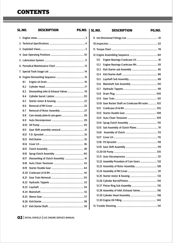 Table of contents for a Royal Enfield engine service manual