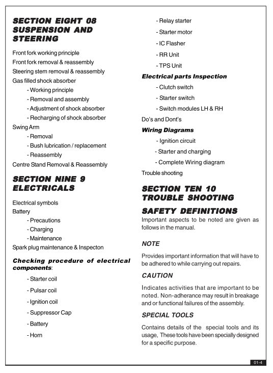 Technical manual page with text on suspension, steering, electrical systems, and troubleshooting.