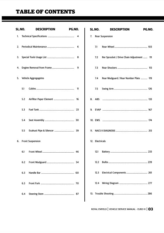 Table of contents for a vehicle service manual with black text on a white background.