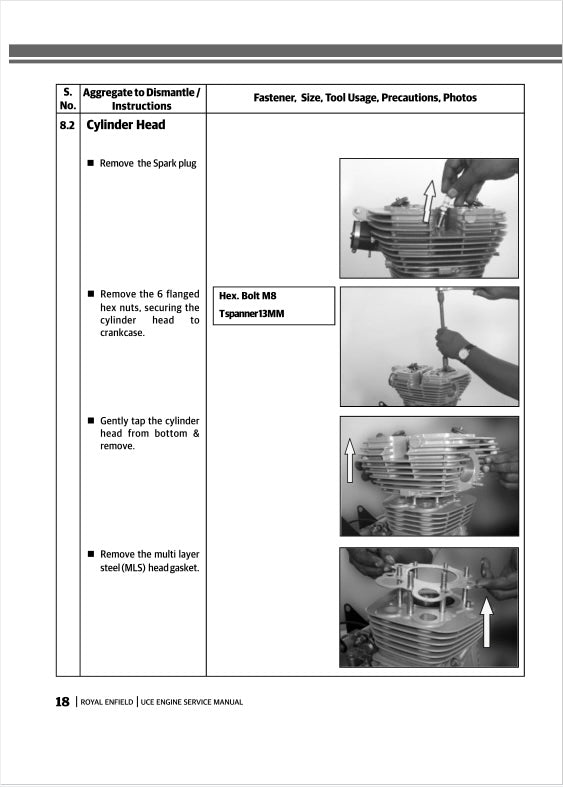 Technical manual page with instructions on removing a cylinder head from an engine, featuring text and images.