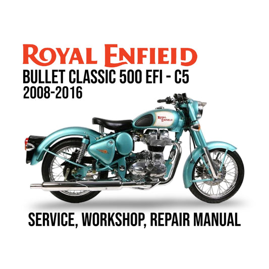 Royal Enfield Bullet Classic 500 EFI-C5 motorcycle on a white background with text about the manual.