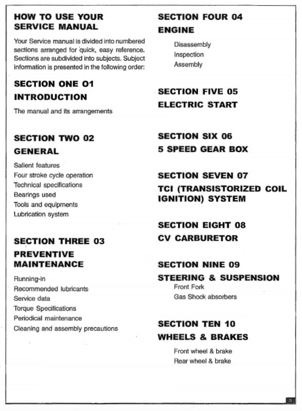 Table of contents for a service manual with sections listed.