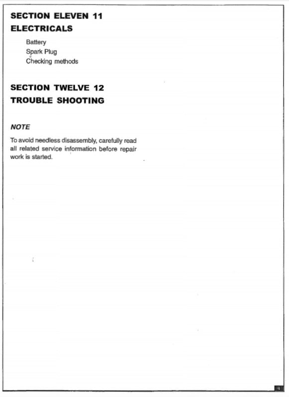 Technical manual page with sections on electrics and trouble shooting.