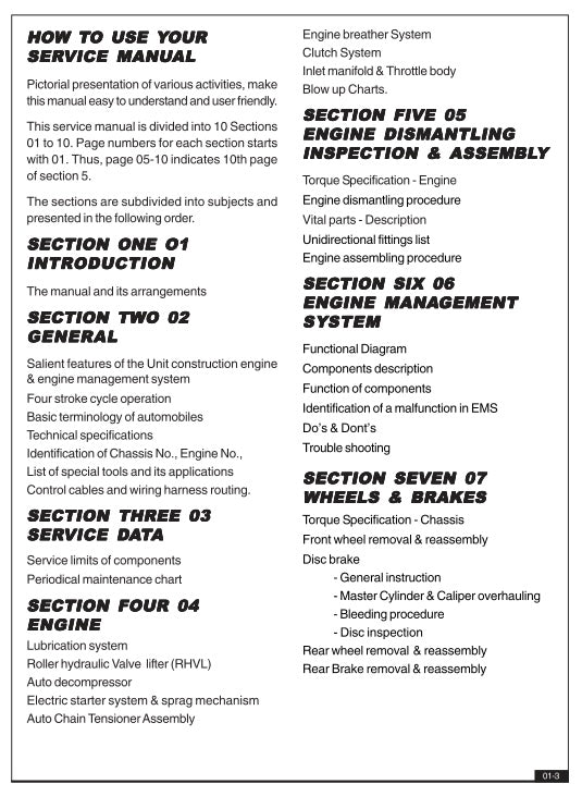 Table of contents for a service manual on a white background