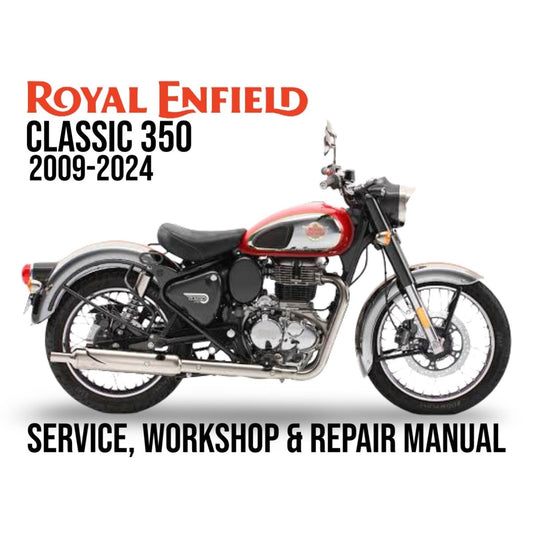 Royal Enfield Classic 350 motorcycle with text about a service, workshop, and repair manual on a white background