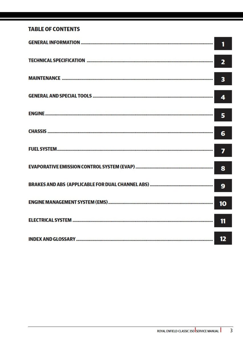 Table of contents for a vehicle service manual on a white background