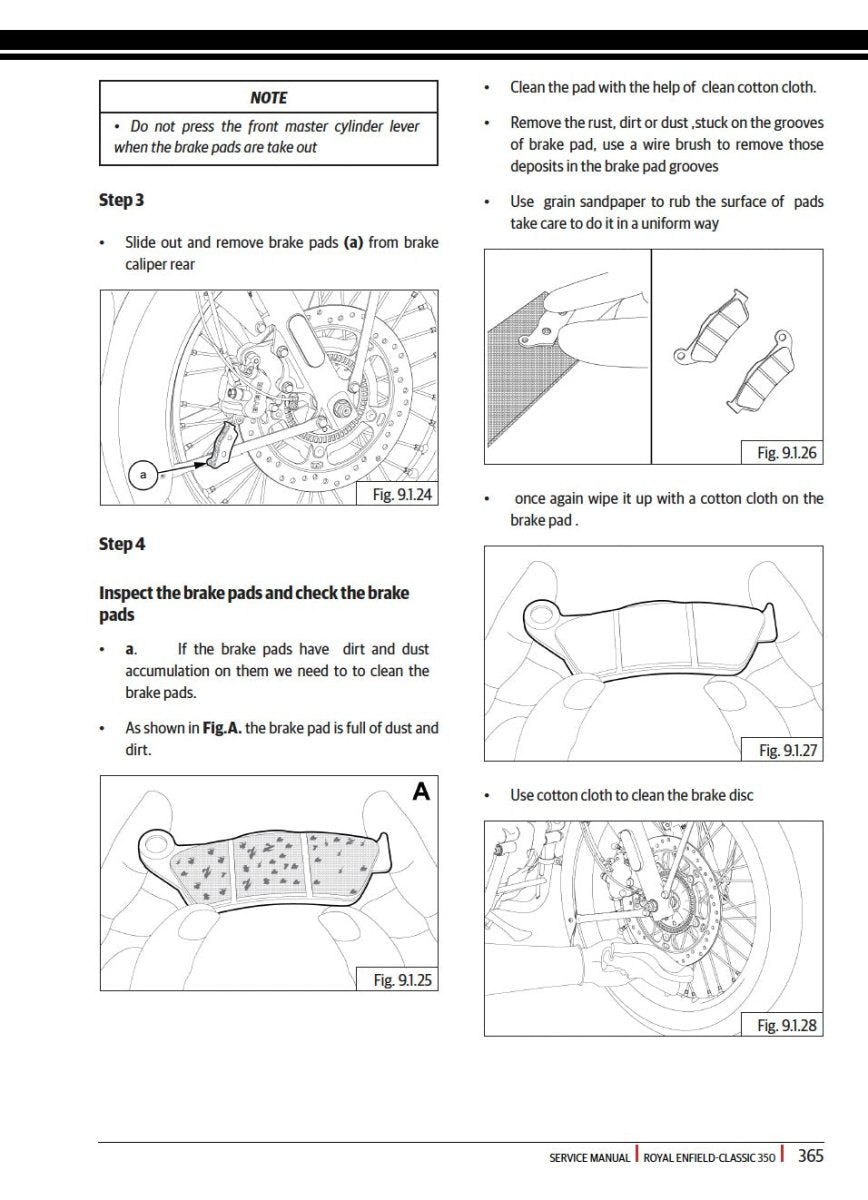 Technical manual page with diagrams and text on brake pad inspection and cleaning procedures.