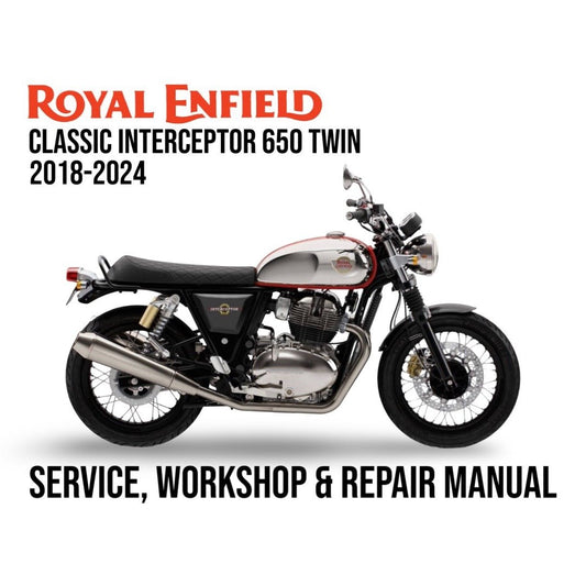 Royal Enfield Classic Interceptor 650 Twin motorcycle on a white background with text about a service, workshop, and repair manual.