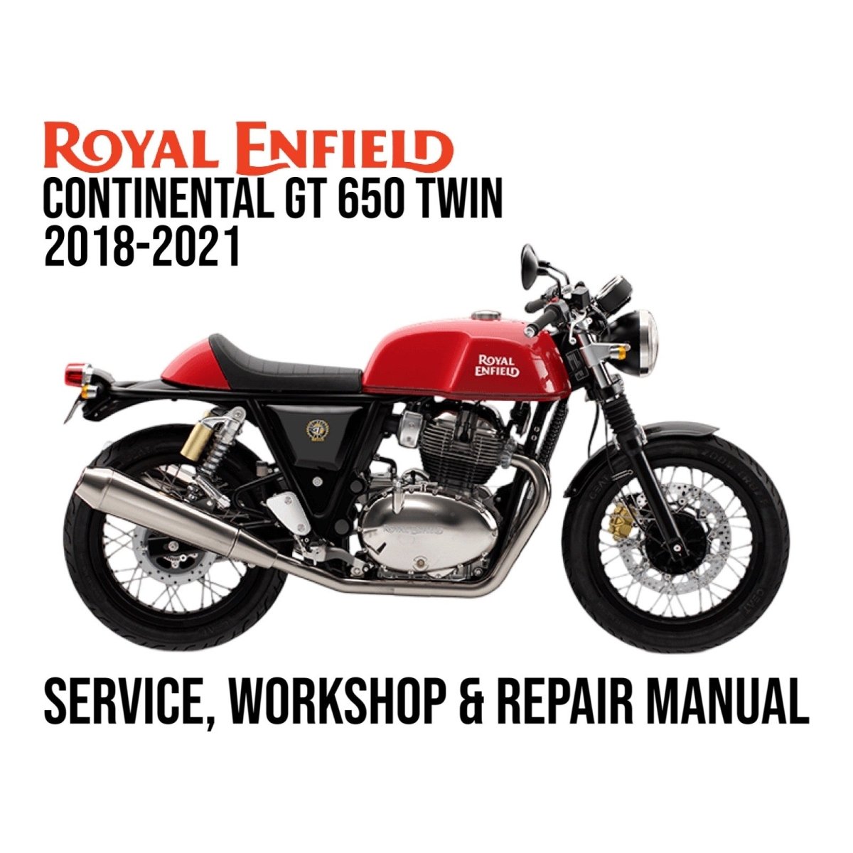 Royal Enfield Continental GT 650 Twin motorcycle with service manual text on a white background