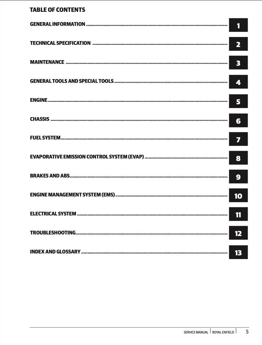 Table of contents for a service manual with numbered sections on a white background