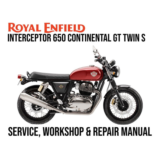 Royal Enfield Interceptor 650 Continental GT Twin S motorcycle on a white background with text about a service, workshop, and repair manual.