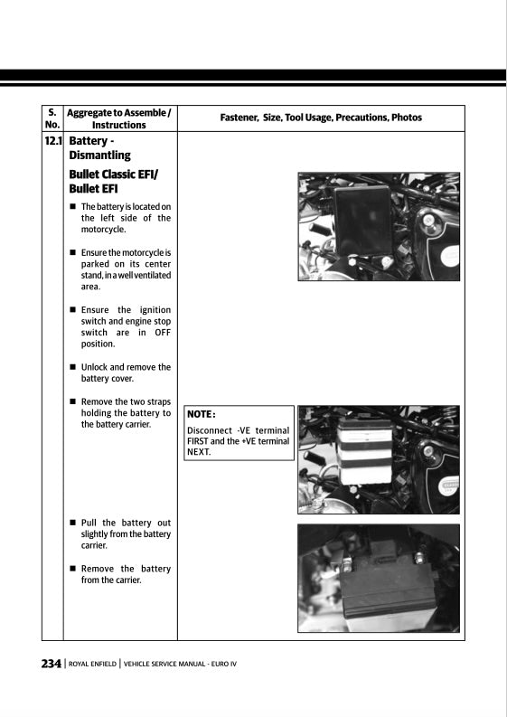 Page from a motorcycle service manual with text and images of battery removal.