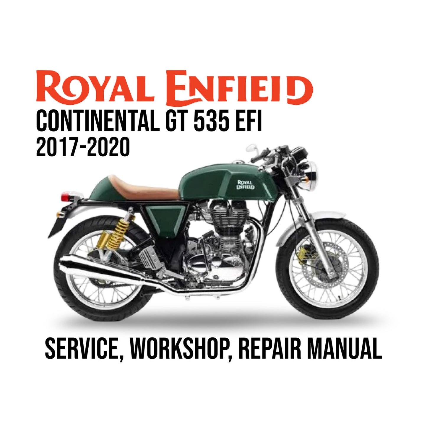 Royal Enfield Continental GT 535 EFI motorcycle on a white background with text about a service, workshop, and repair manual.