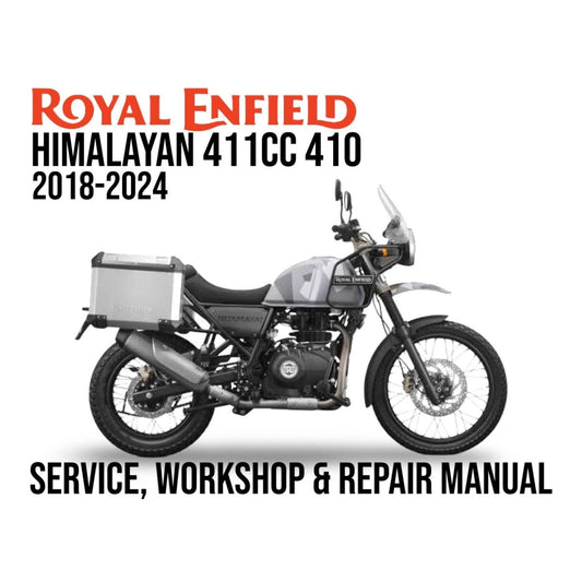 Royal Enfield Himalayan motorcycle with text about a service, workshop, and repair manual on a white background