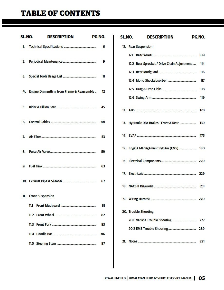 Table of contents for a vehicle service manual with black text on a white background.