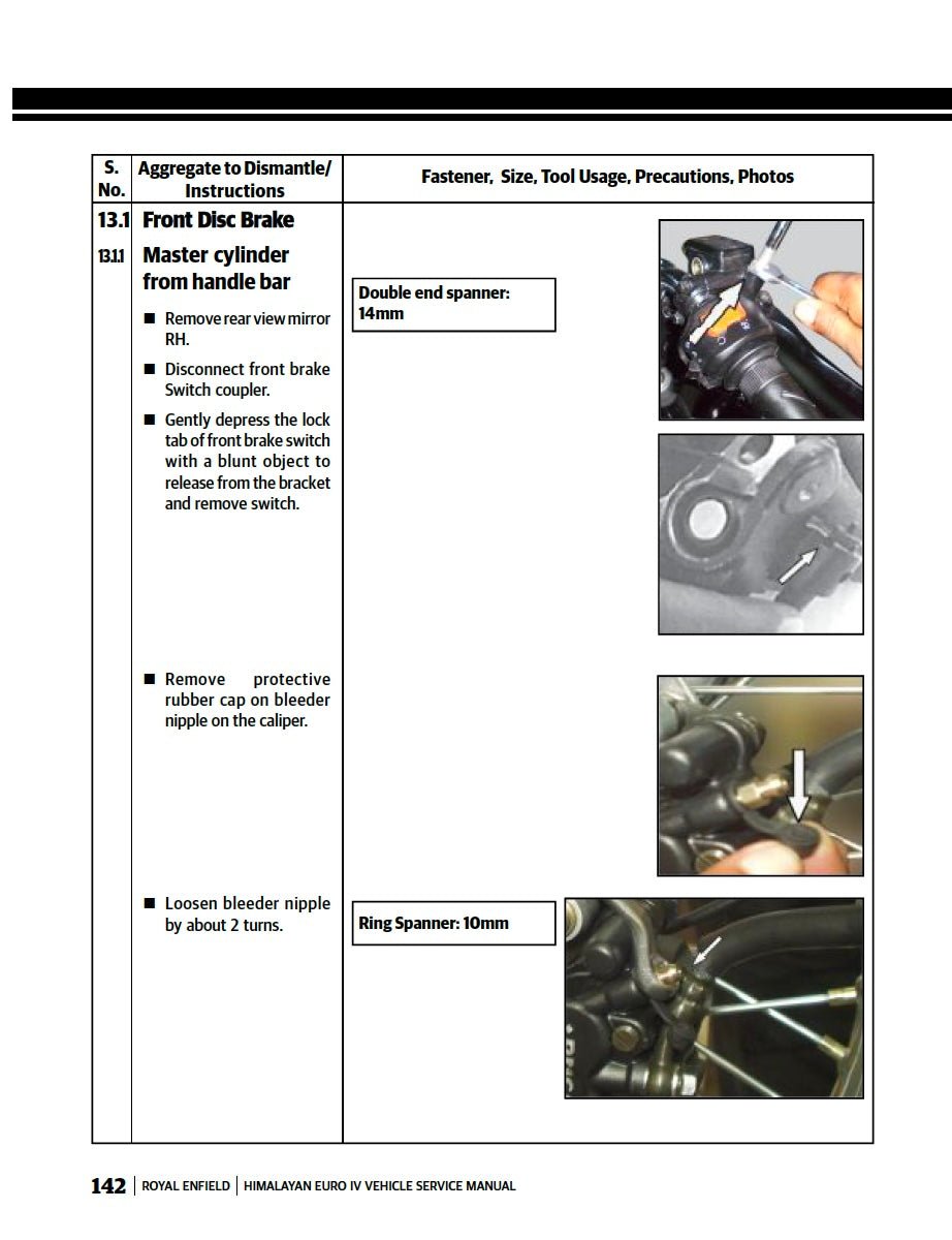 Technical manual page with instructions on front disc brake removal for a Royal Enfield Himalayan vehicle.