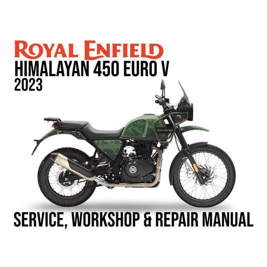 Royal Enfield Himalayan 450 Euro V 2023 service, workshop & repair manual cover with motorcycle illustration.