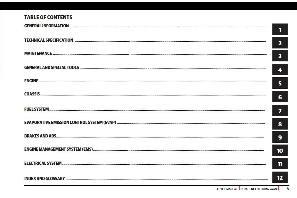 Table of contents for a service manual with numbered sections.