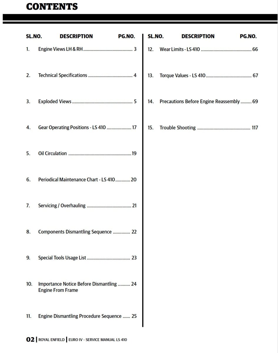Table of contents for a technical manual on a white background