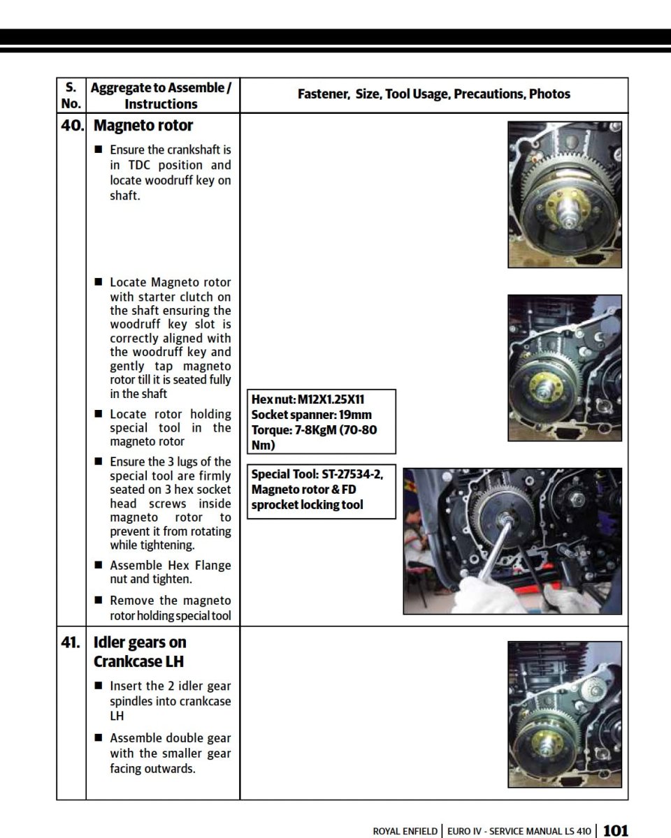 Technical manual page with instructions on assembling a magneto rotor and idler gears for a Royal Enfield Euro IV motorcycle.
