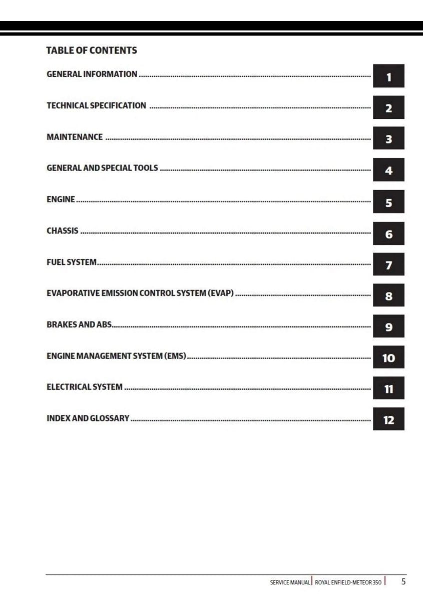Table of contents for a technical manual on a white background