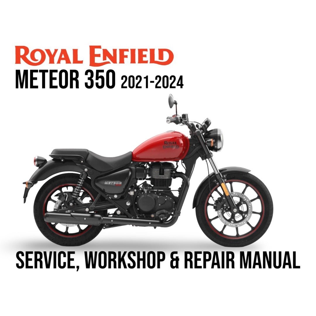 Royal Enfield Meteor 350 motorcycle with text about a service, workshop, and repair manual on a white background