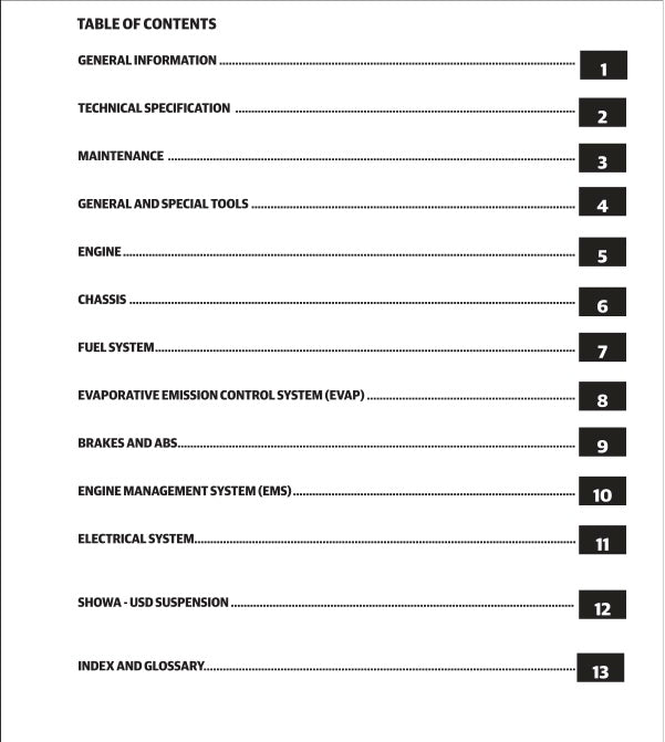 Table of contents for a technical manual on a white background