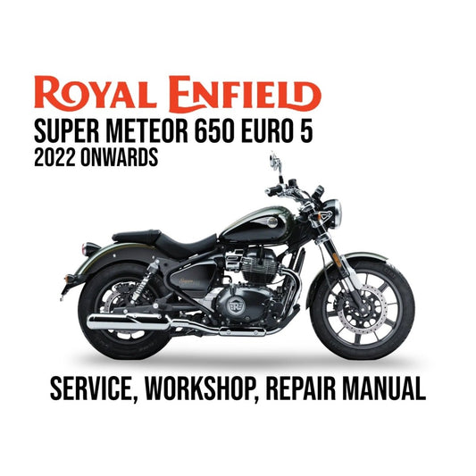 Royal Enfield Super Meteor 650 Euro 5 motorcycle on a white background with text about a service, workshop, and repair manual.