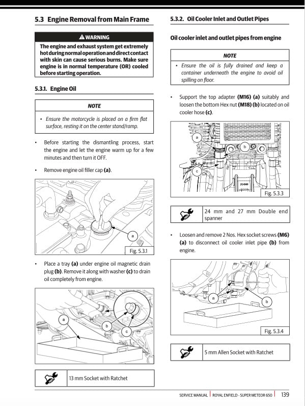 Technical manual page for engine removal and oil cooler maintenance on a motorcycle.