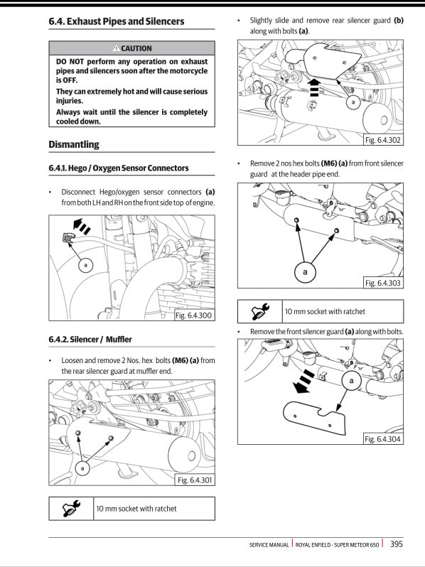 Technical diagram and instructions for exhaust pipes and silencers on a motorcycle, with text and illustrations.