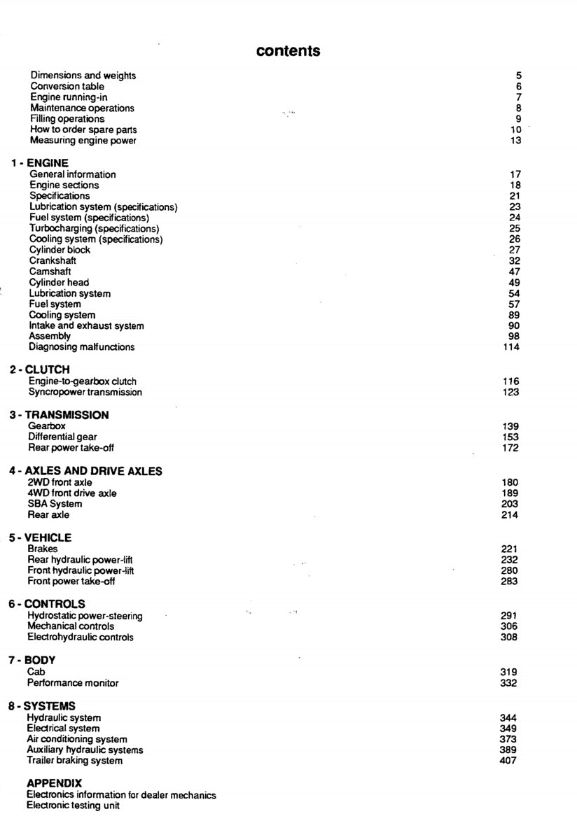 Table of contents for a technical manual on a white background