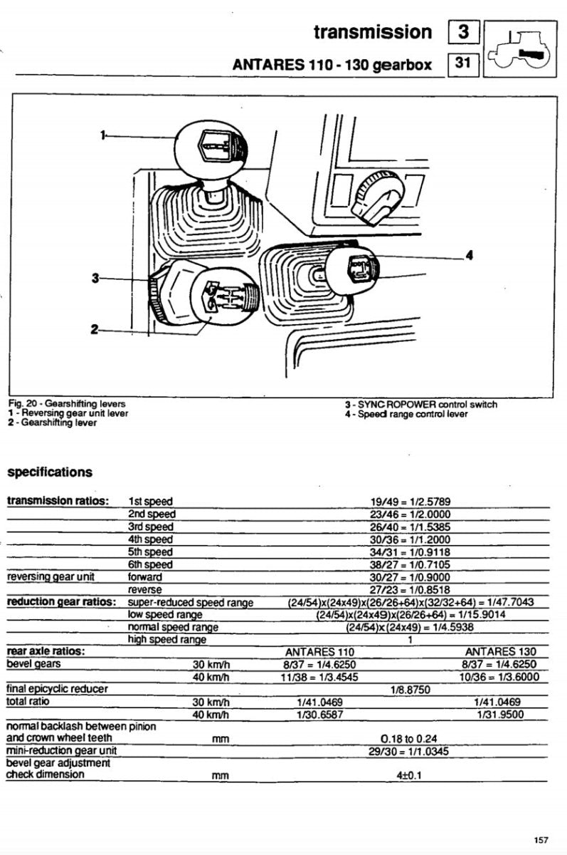 Technical diagram and specifications for a transmission system on a vehicle, specifically for Antares 110 and 130 models.