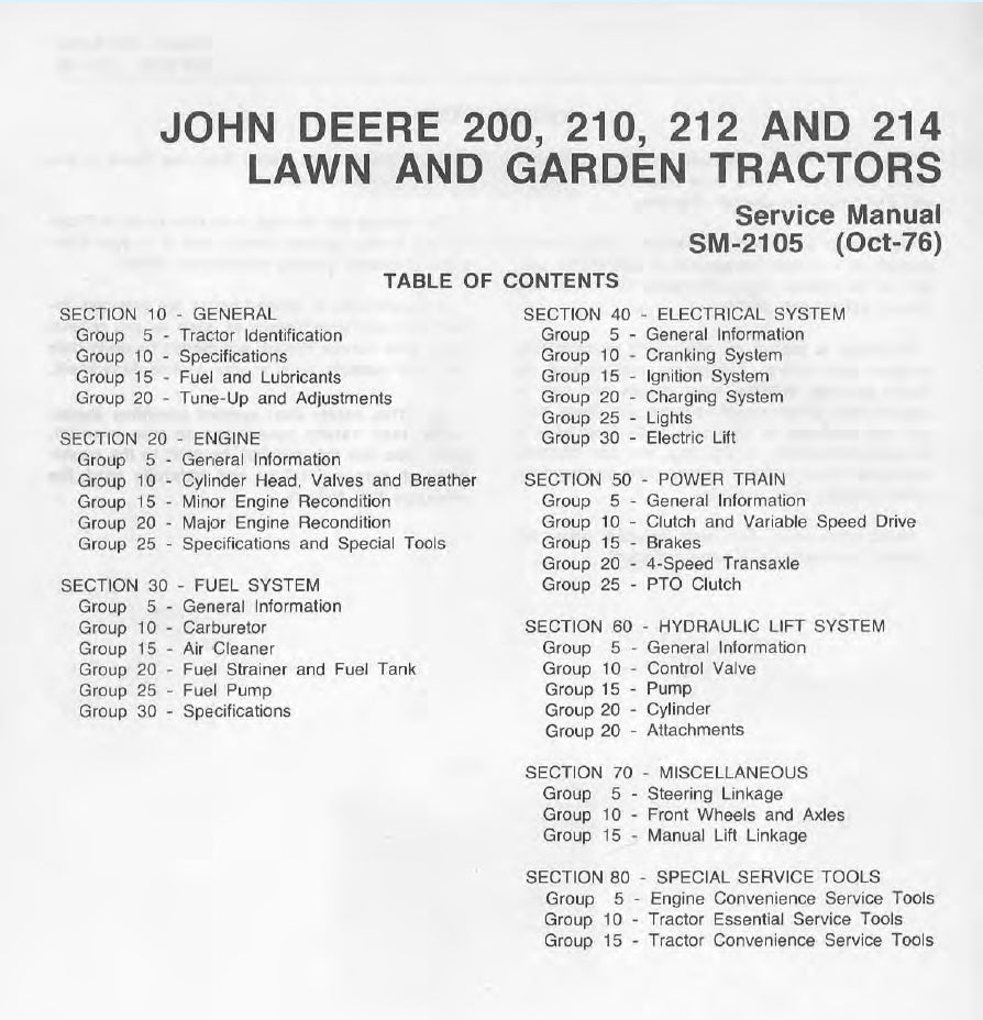 Table of contents for John Deere lawn and garden tractors service manual on a white background