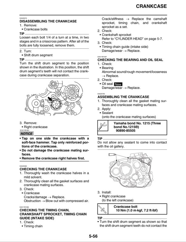 Technical manual page for disassembling and assembling a crankcase with diagrams and text.