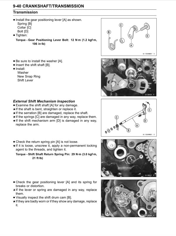 Technical diagram and instructions for 9-40 crankshaft/transmission installation and inspection.